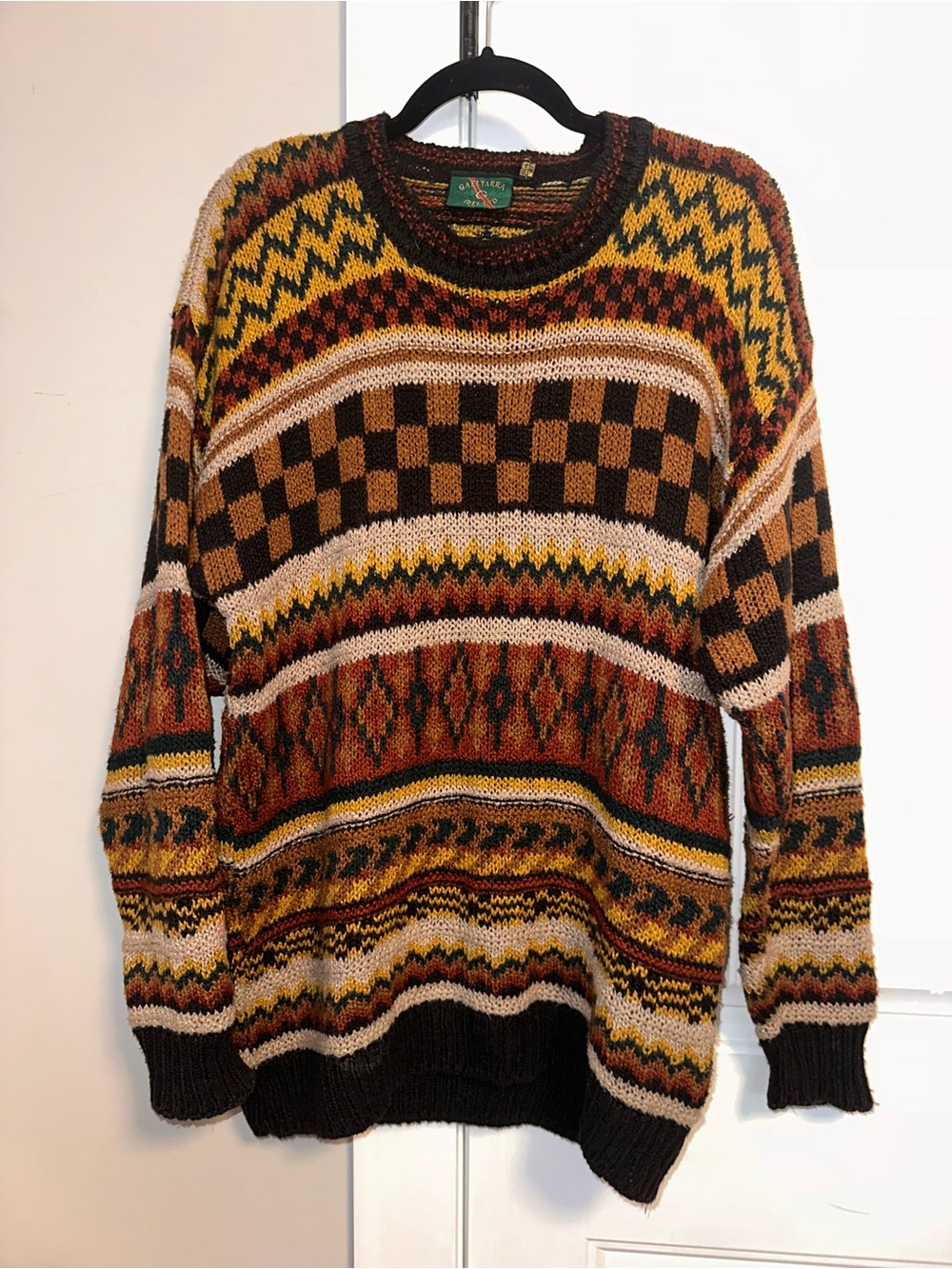 Gaeltarra Linen Blend Mens Crewneck Striped 
Sweater in Brown, Rust & Mustard - Picture 2 of 9